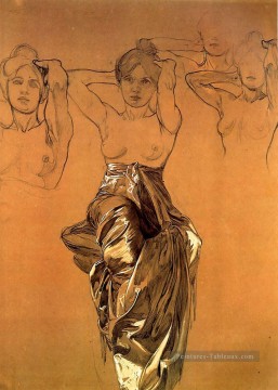  Mucha Peintre - Étude de draperie 1900 crayon gouache Art Nouveau tchèque Alphonse Mucha
